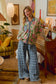 FRAYED DETAIL PLAID WIDE LEG JEANS WITH DUAL POCKETS