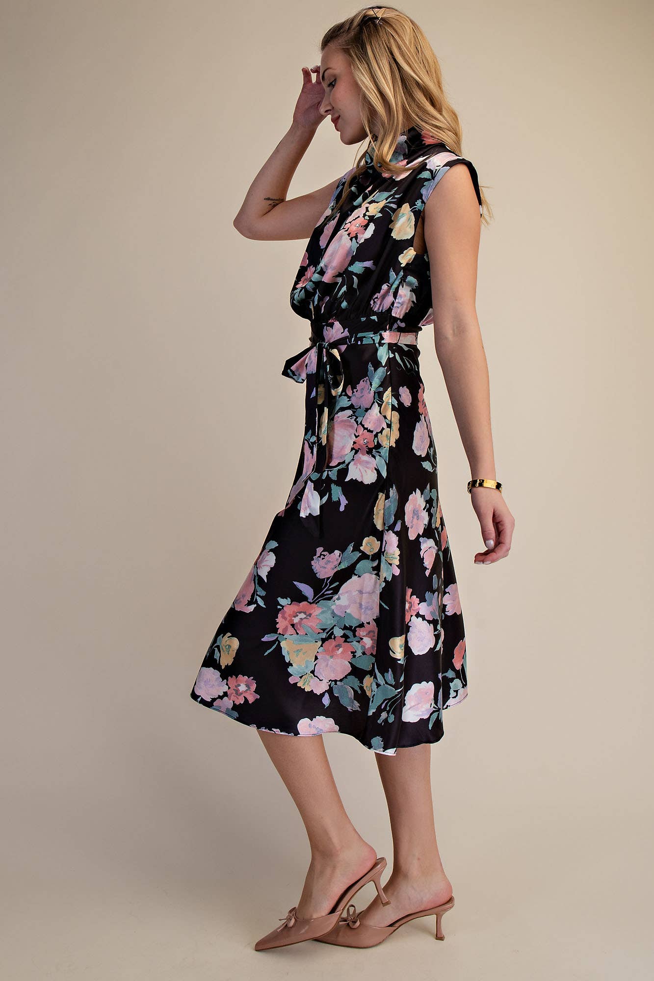 Black Floral Waist Tie Midi Dress