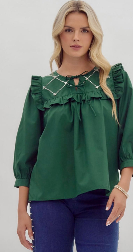 Hunter green V neck with pearl embellishments
