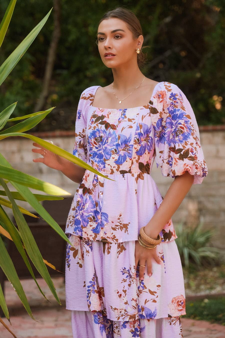 Printed Square Neck Tired Midi Dress
