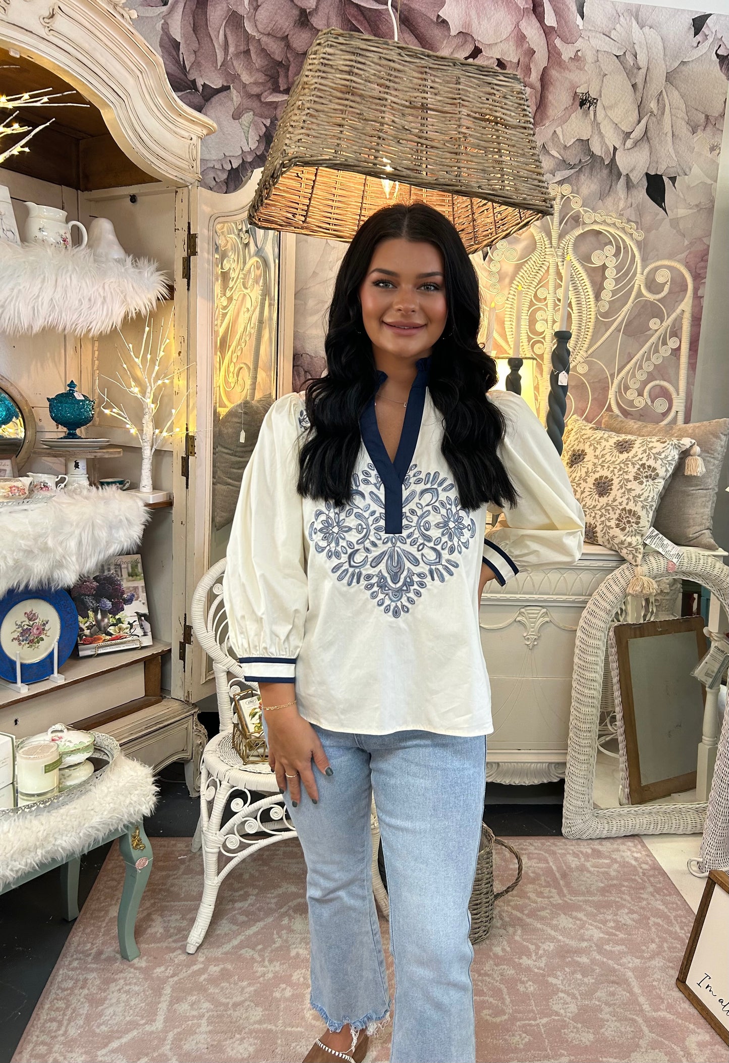 Cream and Navy embroidered V Neck