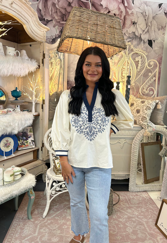 Cream and Navy embroidered V Neck
