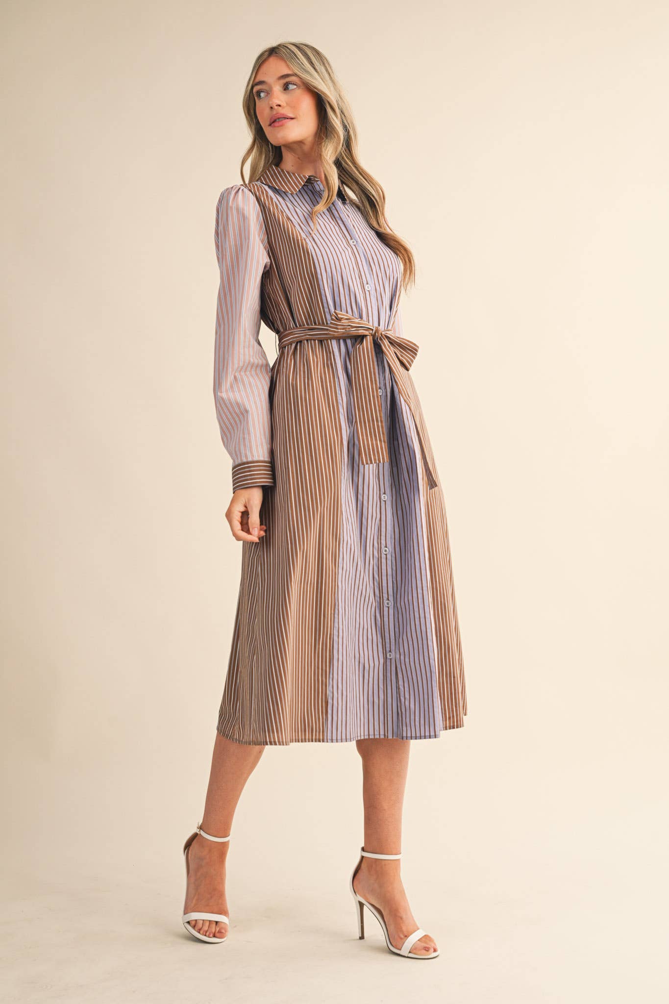 MIXED STRIPE BELTED BUTTON DOWN MIDI DRESS