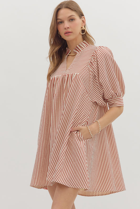 Striped Seersucker V-Neck Dress