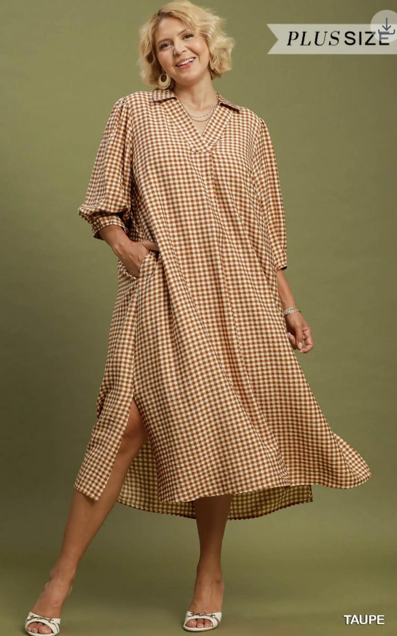 Baylor Taupe Gingham Dress (Curvy Sizes)