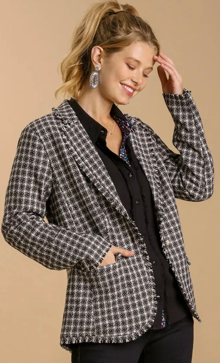 Plaid tweed blazer with pearl buttons