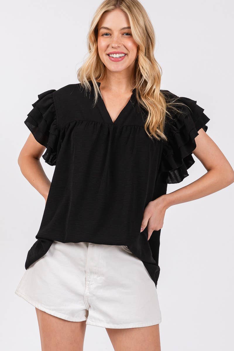 BLACK AIRFLOW RUFFLE SLEEVE BLOUSE