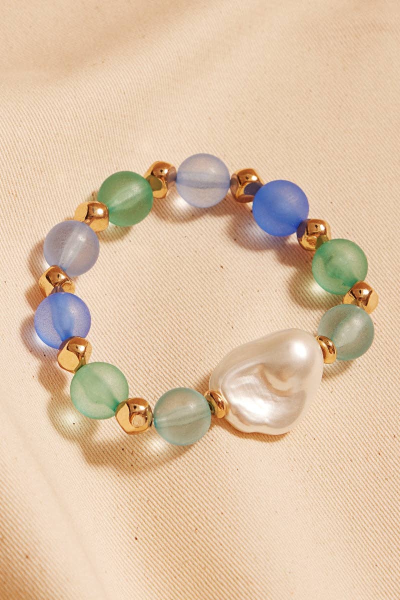 Faux Seaglass Glass Pearl Beaded Stretch Bracelet