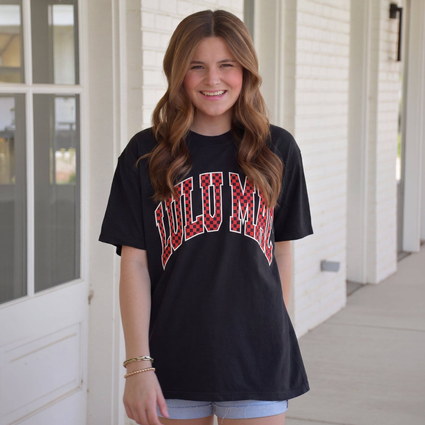 Lulu Mac Team Red/Black Checkered Adult Black Comfort Colors Tee