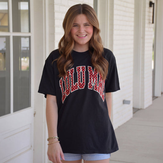 Lulu Mac Team Red/Black Checkered Adult Black Comfort Colors Tee