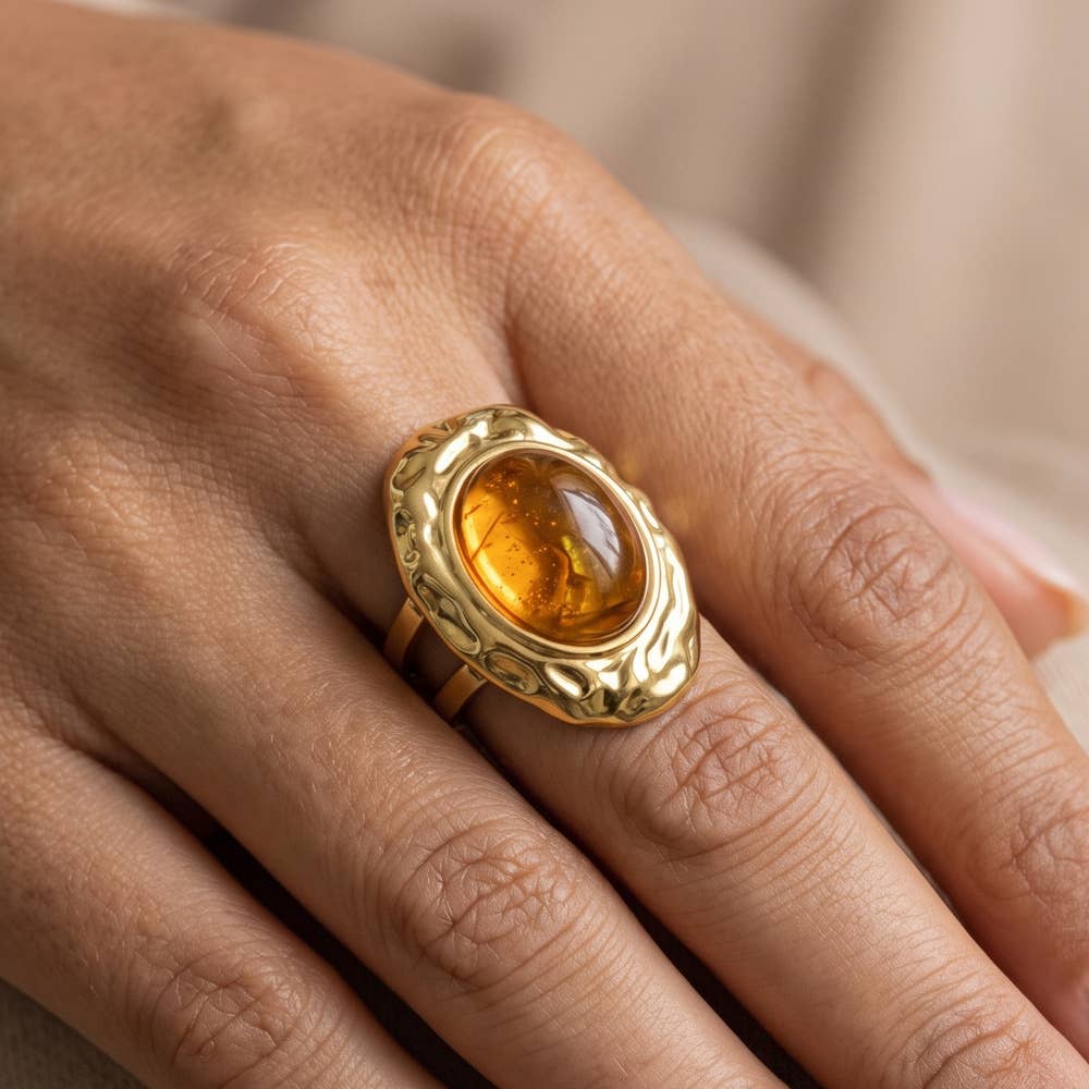Hammered Bezel Cabochon Statement Ring