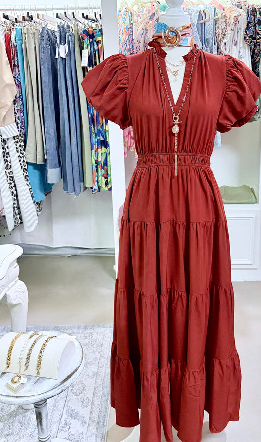 Rust color tiered maxi dress