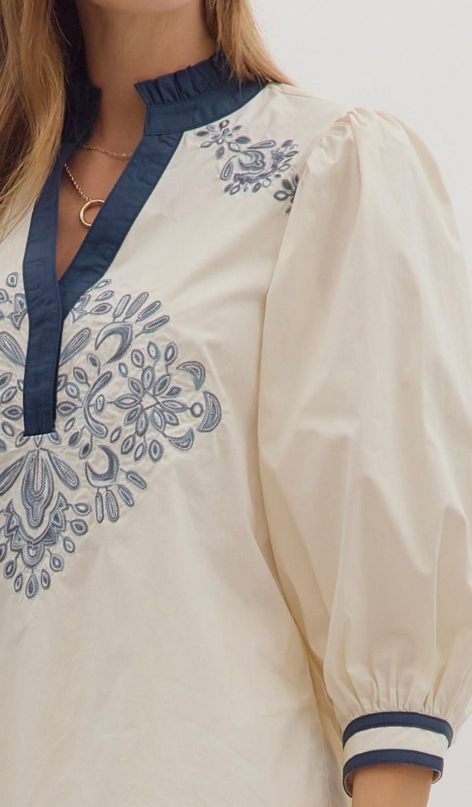 Cream and Navy embroidered V Neck