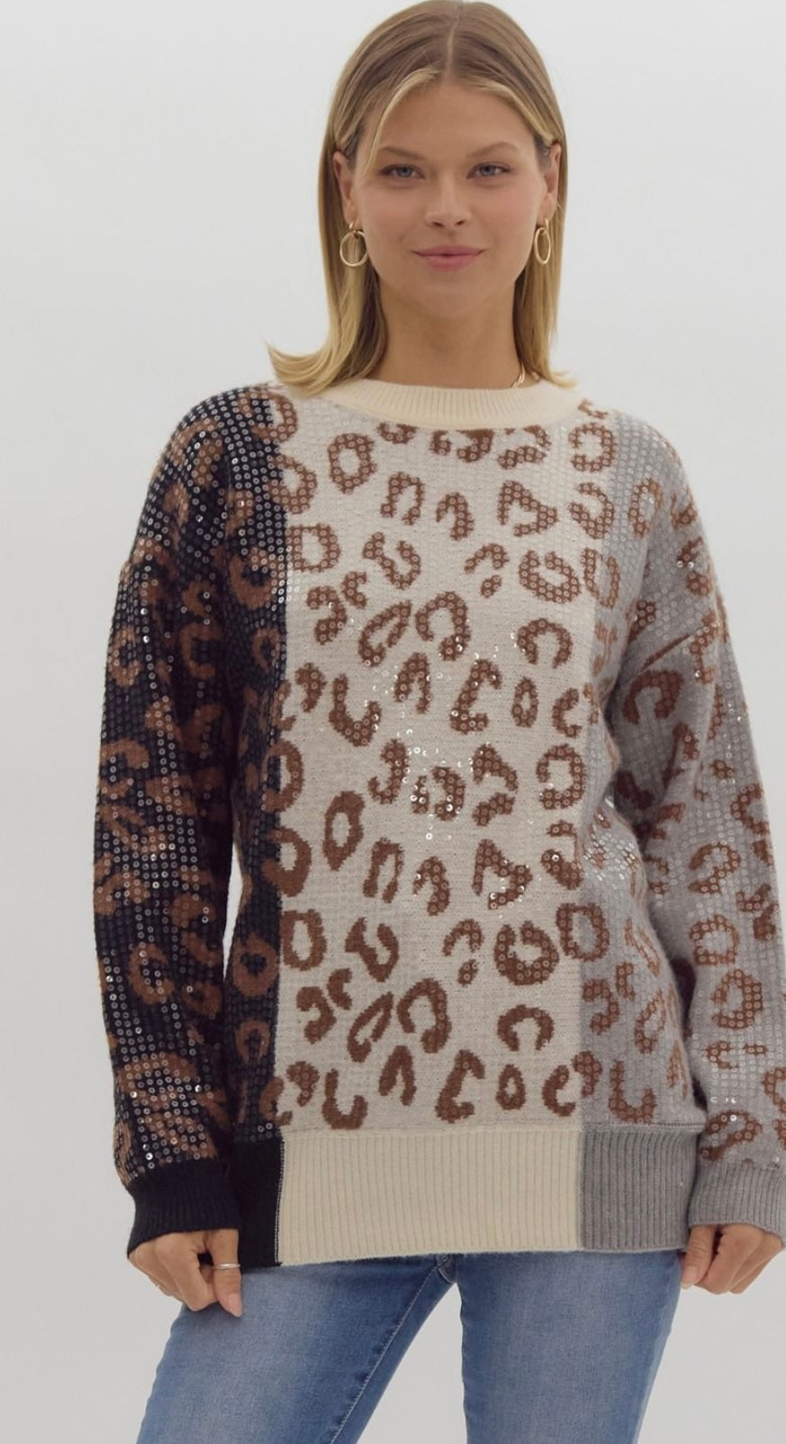 Leopard print sweater with clear sequins