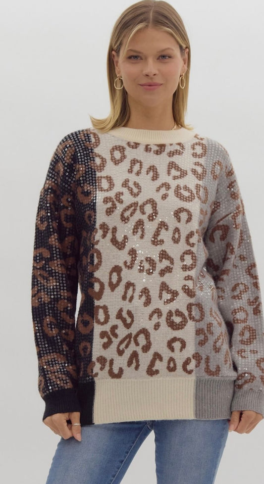 Leopard print sweater with clear sequins
