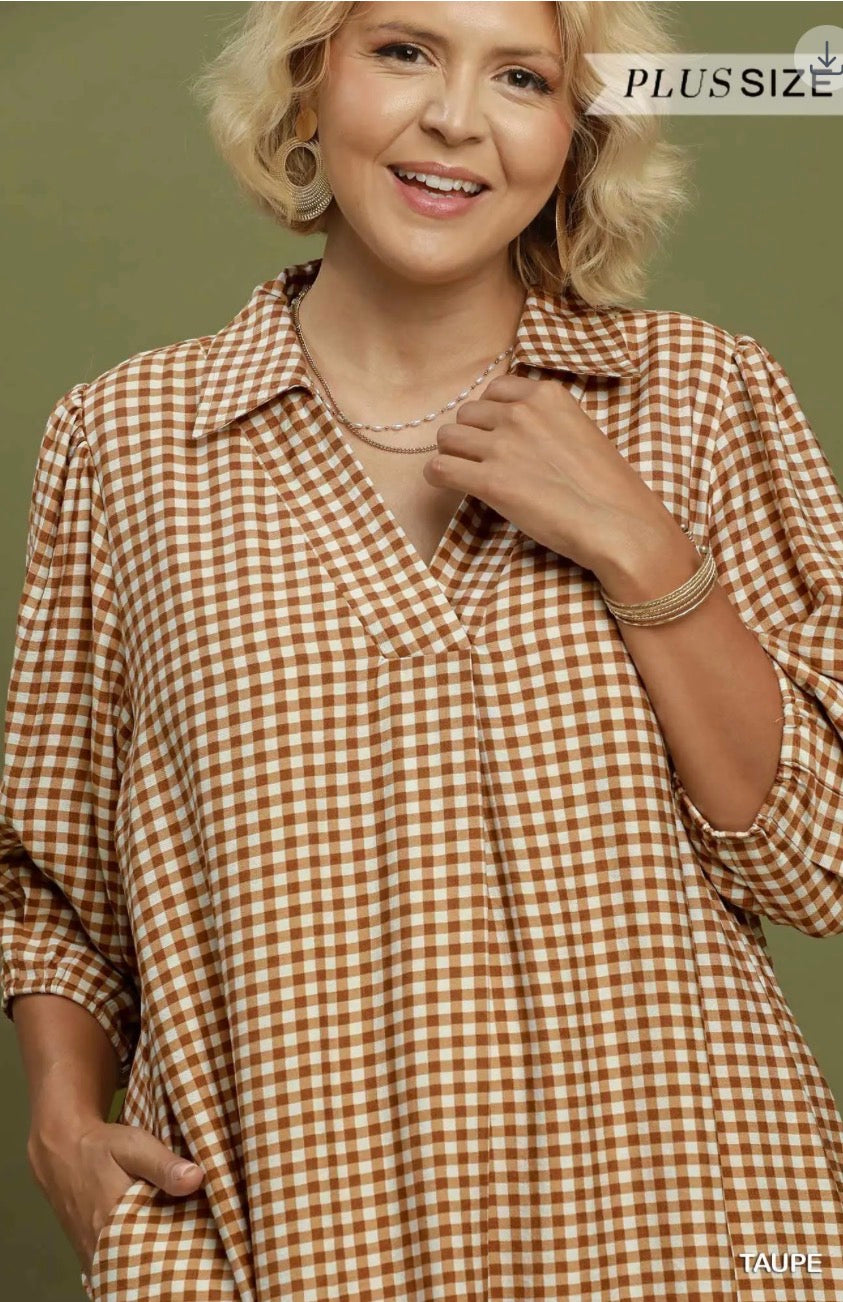 Baylor Taupe Gingham Dress (Curvy Sizes)