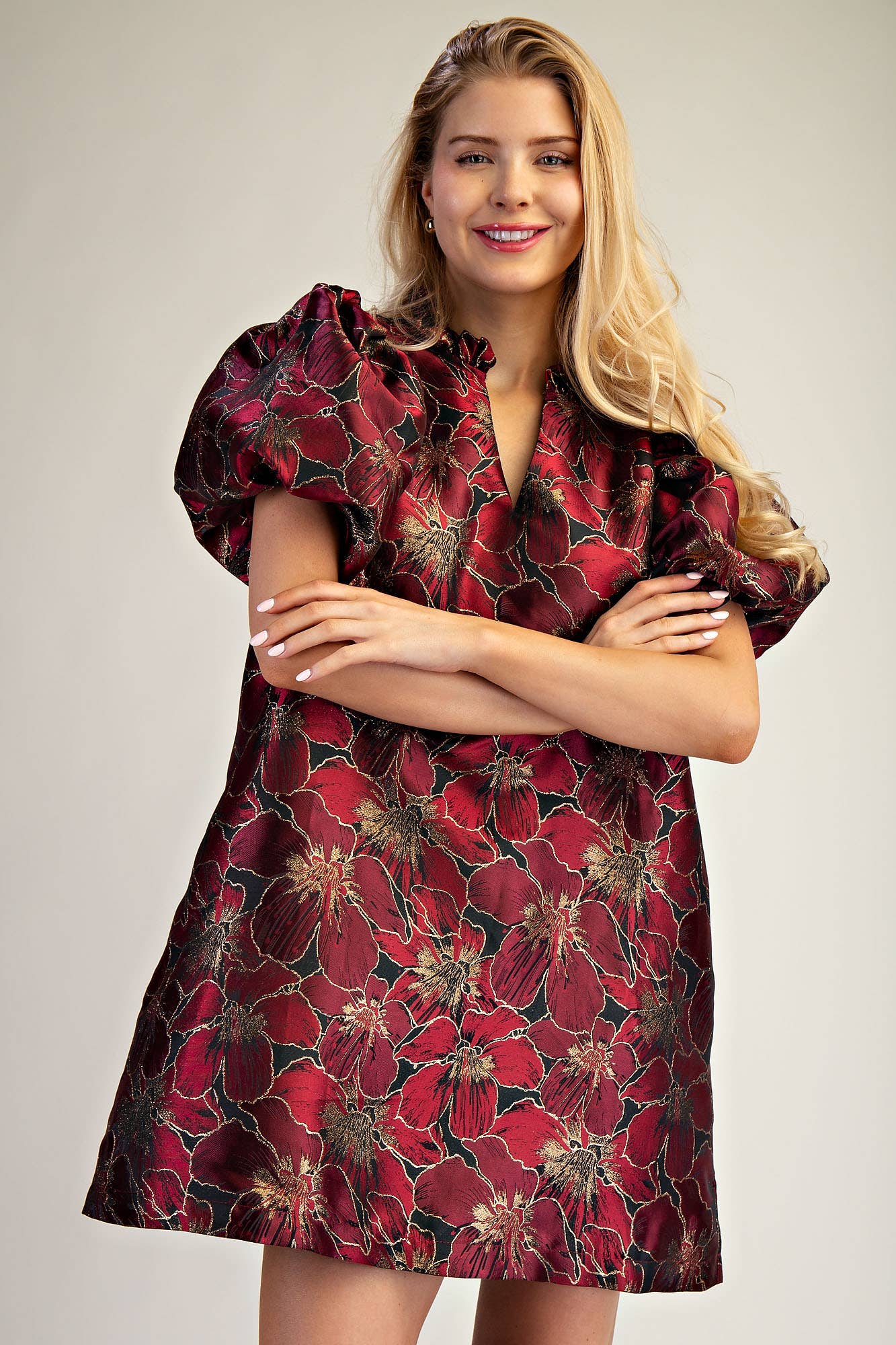 Ruffle V-Neck Puff Sleeve Mini Dress