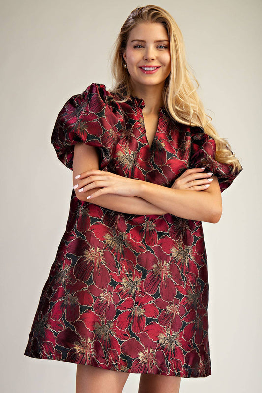 Ruffle V-Neck Puff Sleeve Mini Dress