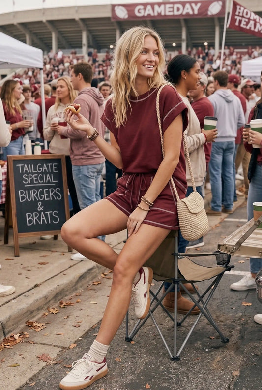Maroon Scuba Contrast Stitch Game day Lounge Set