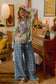 FRAYED DETAIL PLAID WIDE LEG JEANS WITH DUAL POCKETS