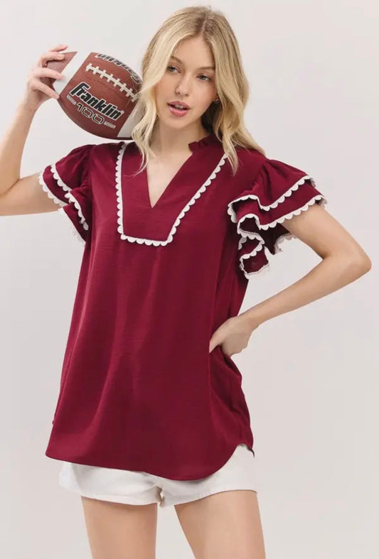 Burgundy and White Ruffle Sleeve Scallop Trim Top