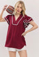Burgundy and White Ruffle Sleeve Scallop Trim Top