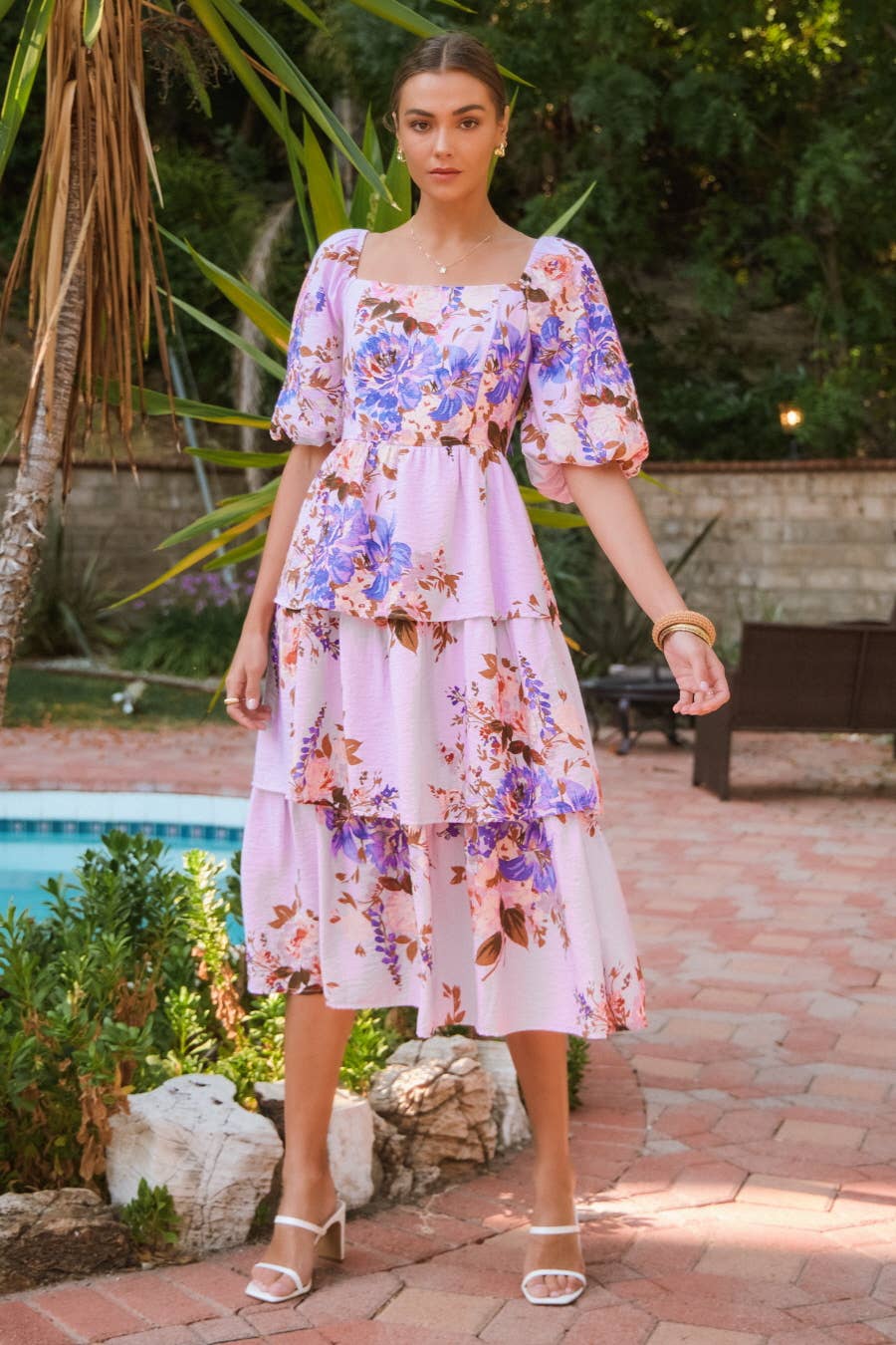 Printed Square Neck Tired Midi Dress