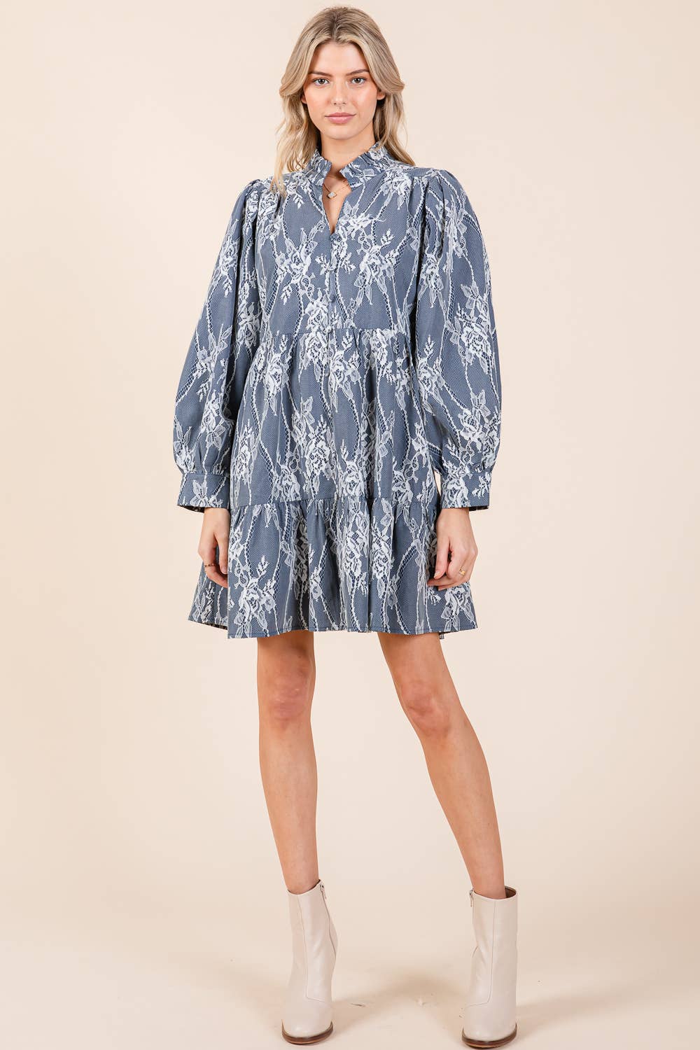 Mesh Floral Embroidered Babydoll Mini Dress