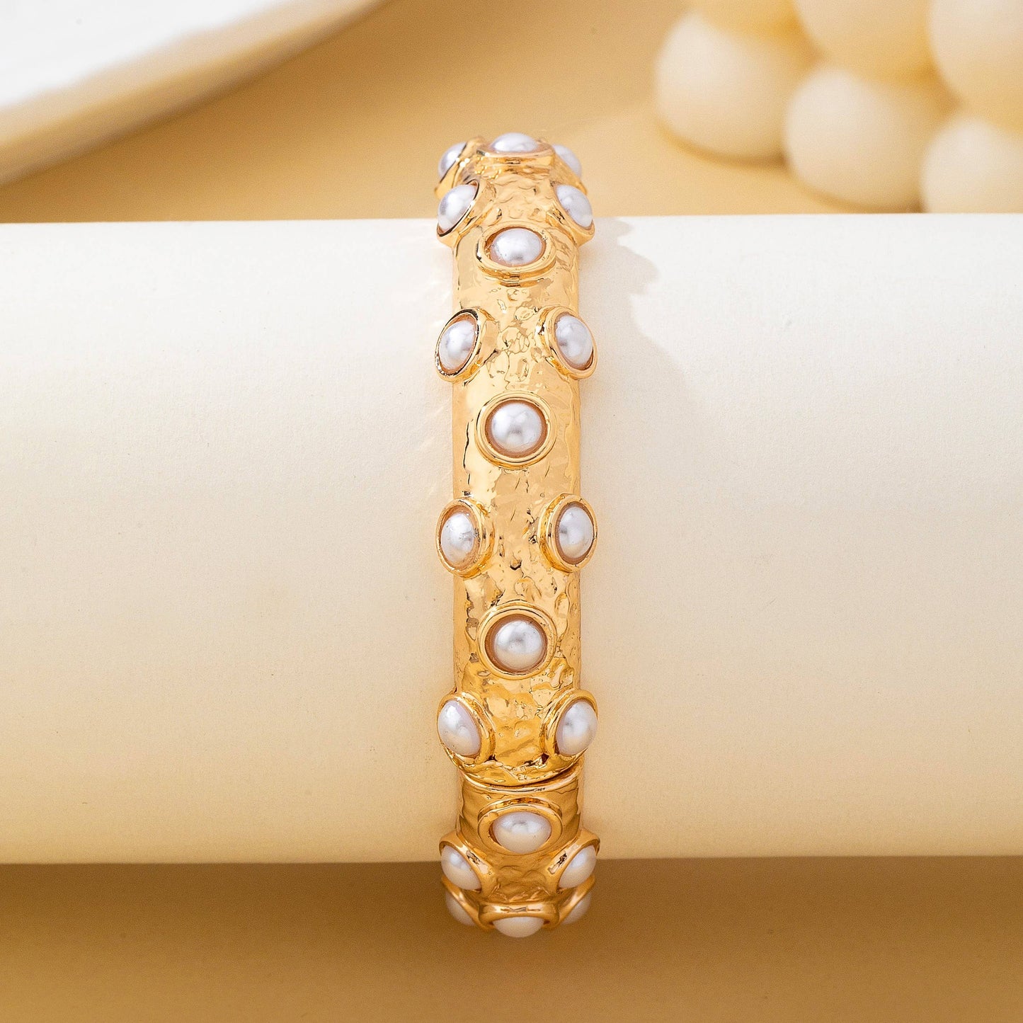 Vintage Style Gold and Pearl Embellished Bangle