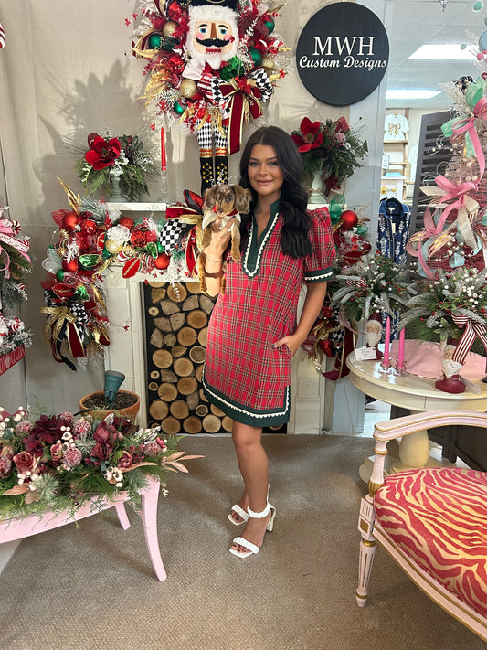 Red plaid dress with green trim