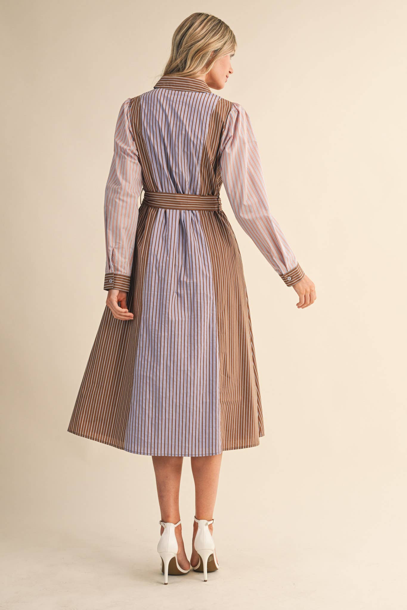 MIXED STRIPE BELTED BUTTON DOWN MIDI DRESS