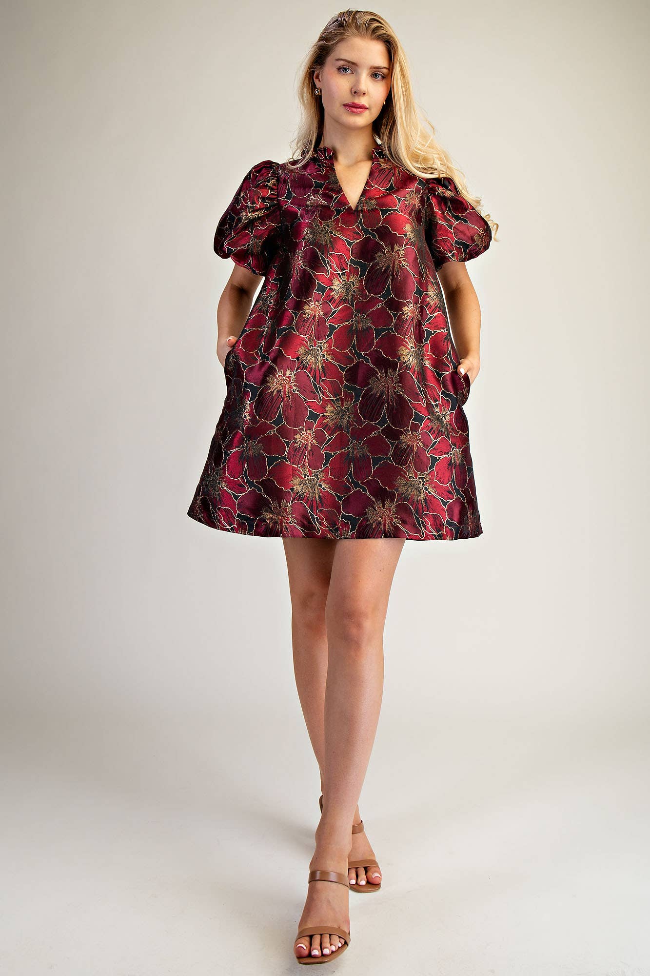 Ruffle V-Neck Puff Sleeve Mini Dress