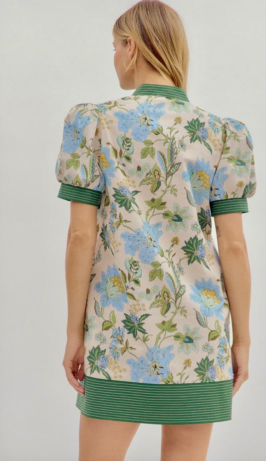 Ecru floral dress with green contrast band