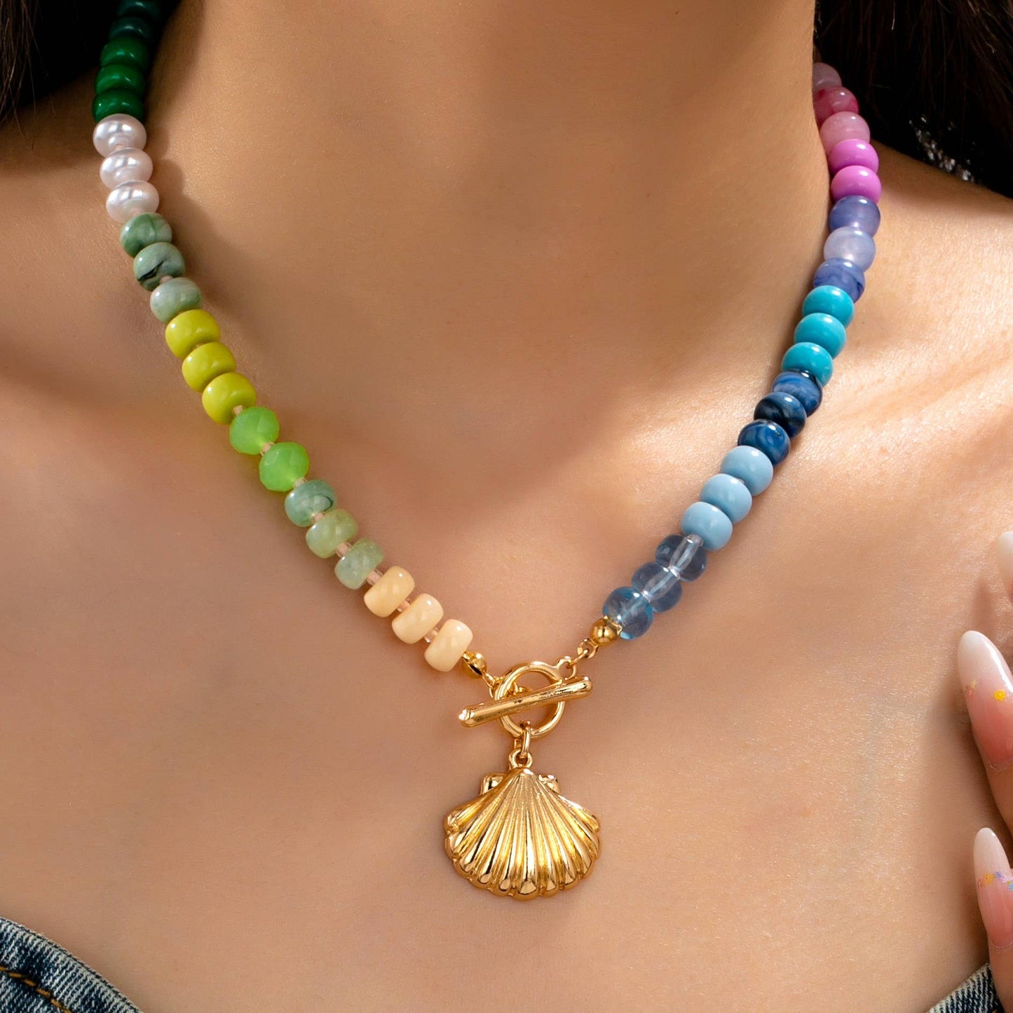 JOSSLYN by wall to wall - Rainbow Beaded Seashell Charm Necklace | 80N92899