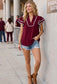Burgundy and White Ruffle Sleeve Scallop Trim Top