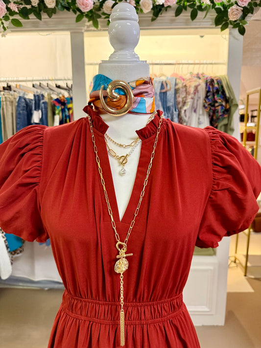Rust color tiered maxi dress