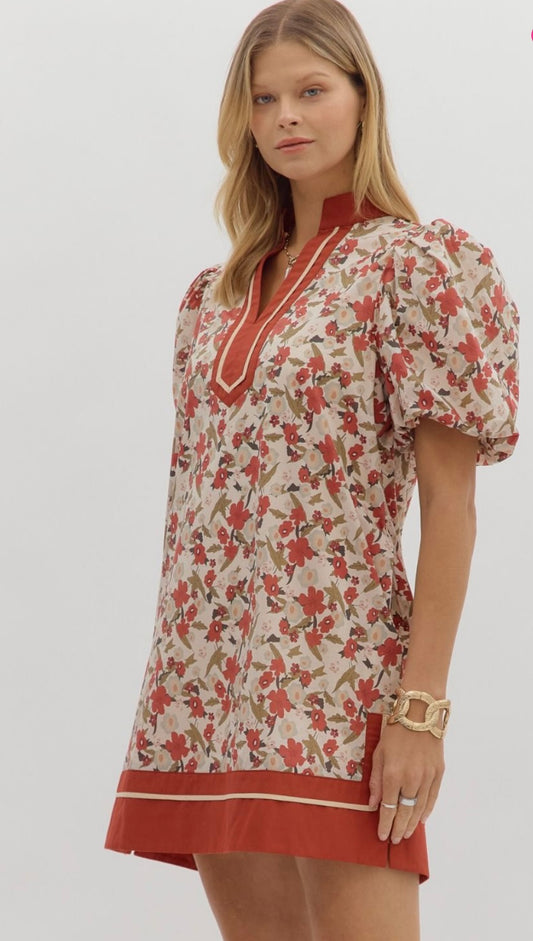 Floral print bubble sleeve dress with pockets