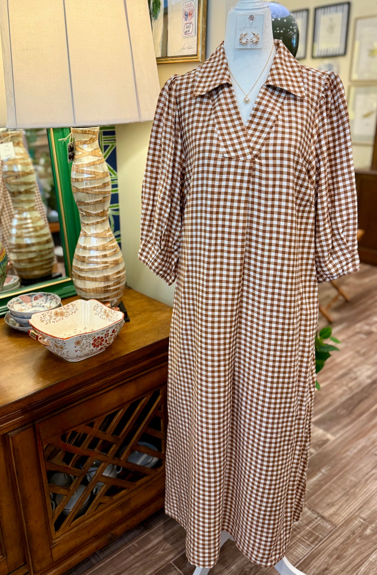 Baylor Taupe Gingham Dress (Curvy Sizes)