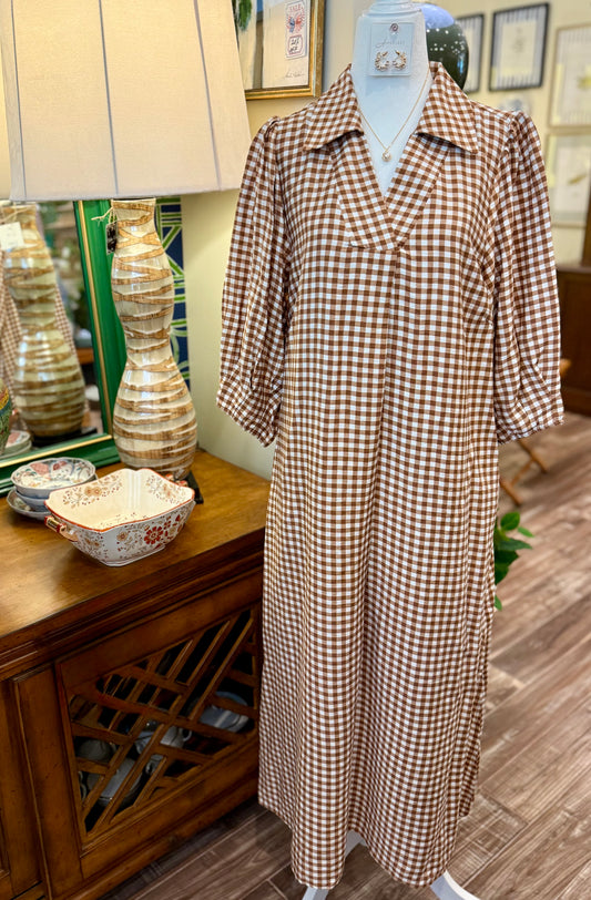 Baylor Taupe Gingham Dress (Curvy Sizes)