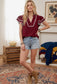 Burgundy and White Ruffle Sleeve Scallop Trim Top
