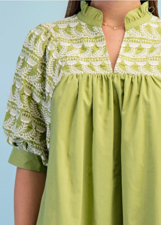 Avocado floral embroidered v neck dress