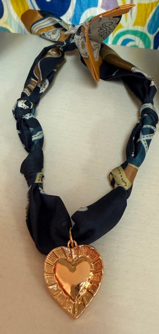 Navy Scarf and Heart Charm Necklace