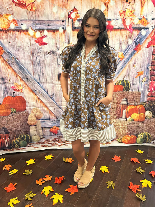 Brown floral and abstract babydoll dress with pockets