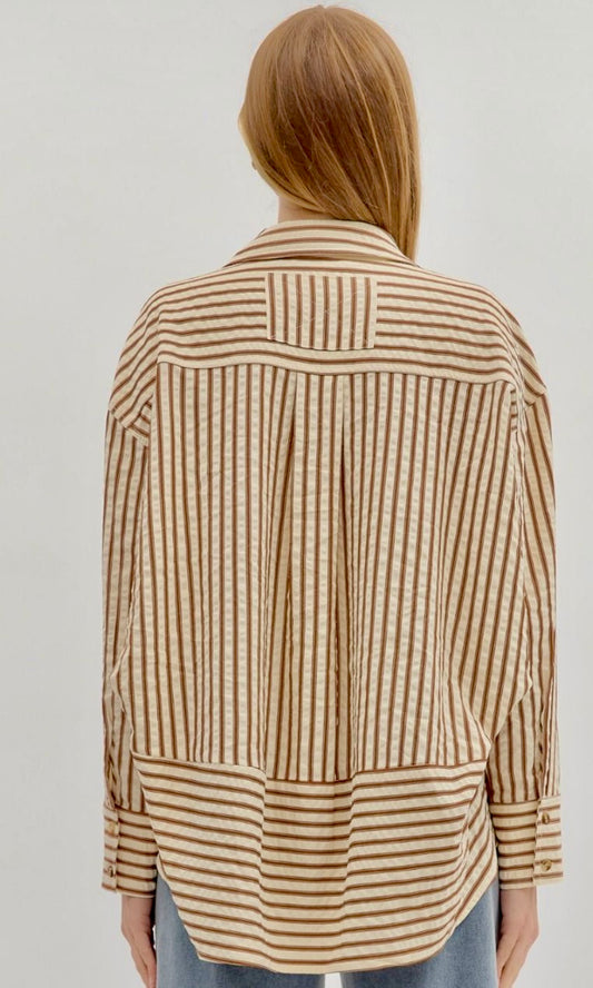Brown textured shirt with pleated drape hem