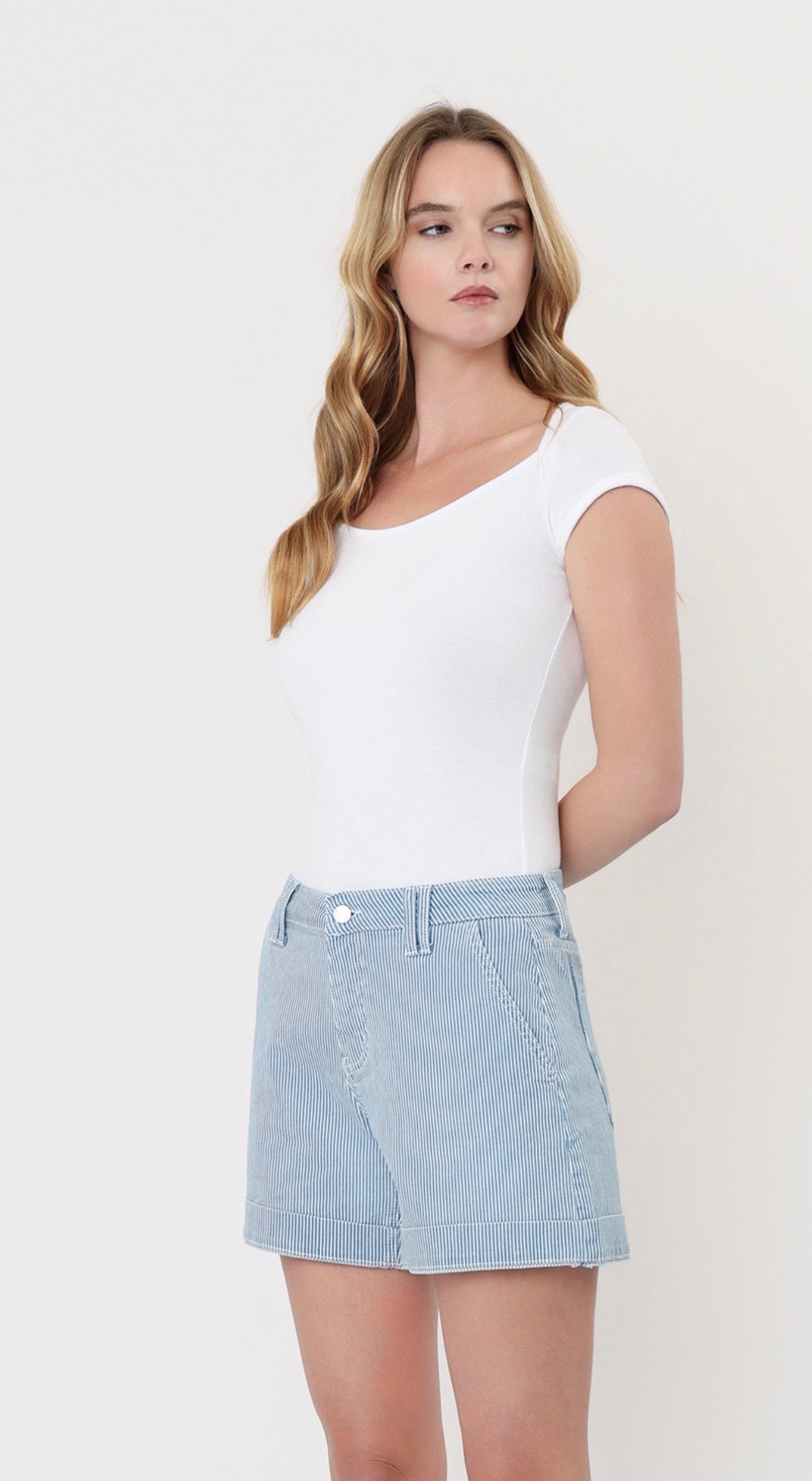 Lovervet by Vervet-High Rise Cuffed Striped A Line Shorts