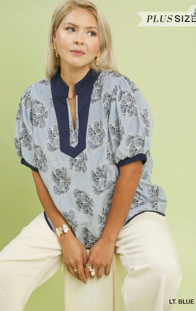 Light blue embroidered shirt with navy collar