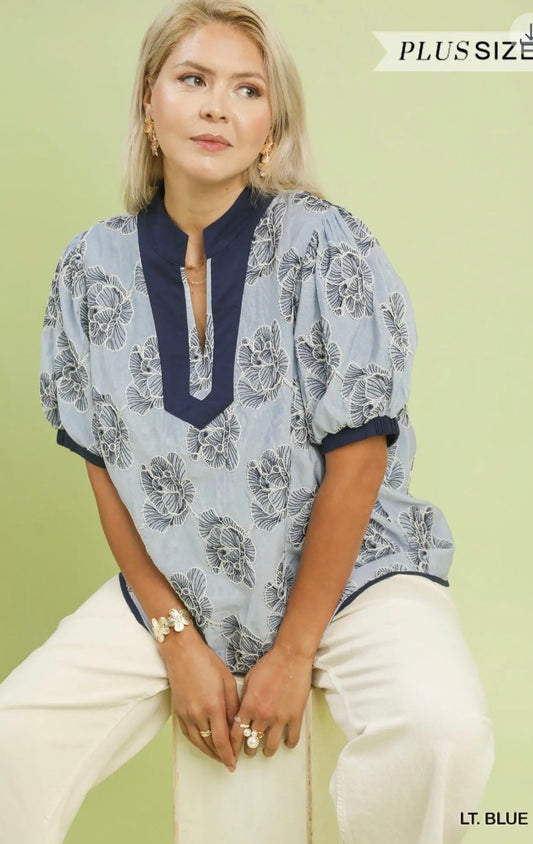 Light blue embroidered shirt with navy collar