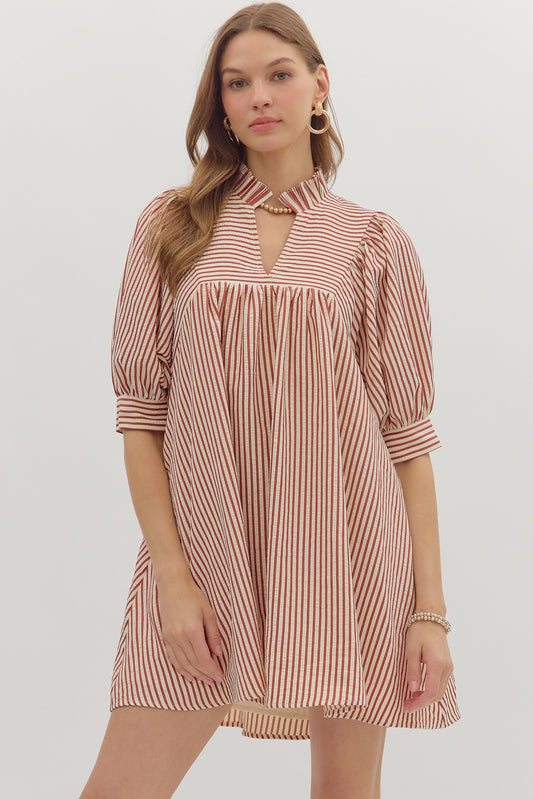 Striped Seersucker V-Neck Dress
