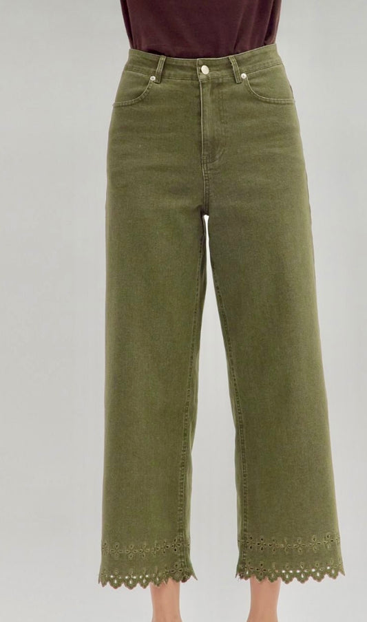Olive pants with embroidered hem