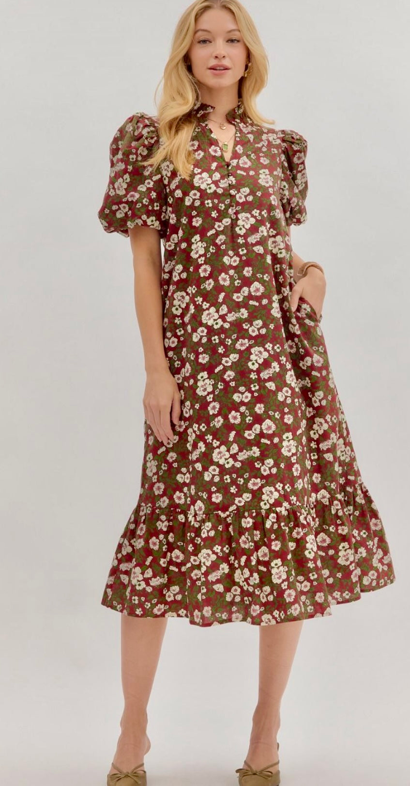 Burgundy floral midi dress